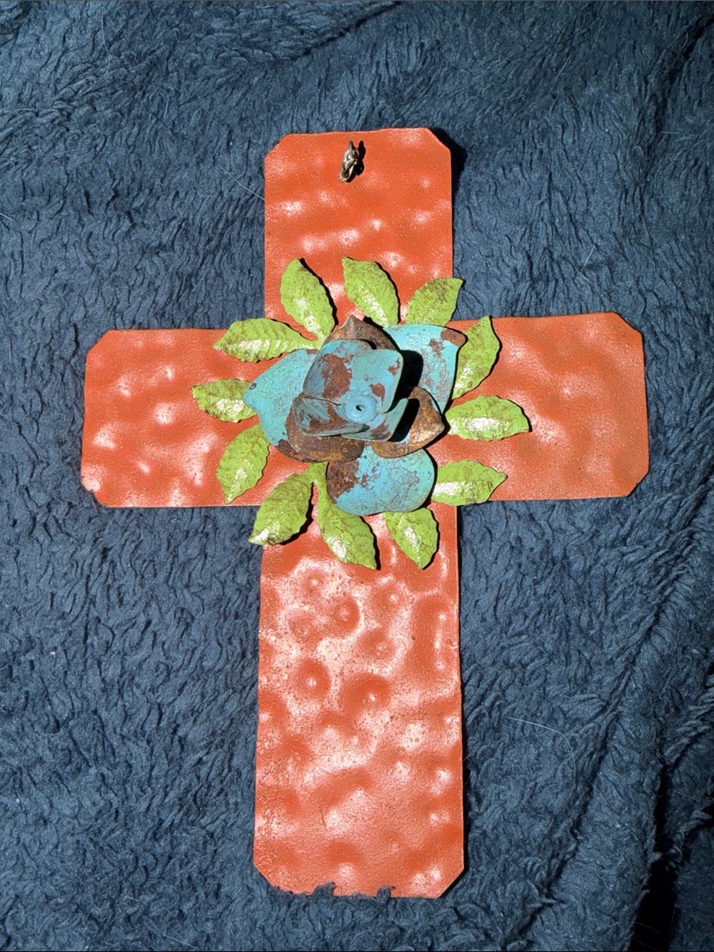 Rustic Orange-Brown HammereMetal Wall Cross with Turquoise Rose and Green Leaves